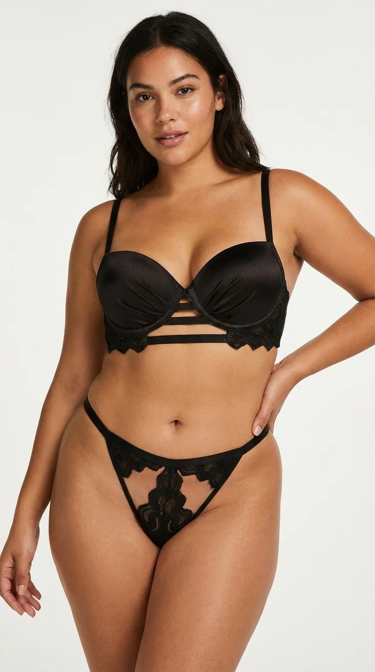 LunaIntim Siyah Saten Görünümlü Sütyen Takımı Şerit Detaylı ve Pencereli Modern Set - Genel Görünüm